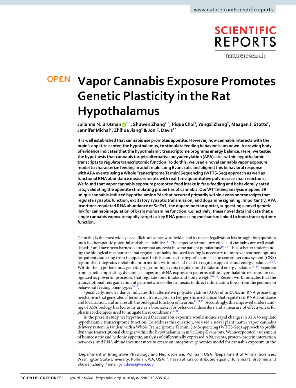 Vapor Cannabis Exposure Promotes Genetic Plasticity in the Rat Hypothalamus Julianna N