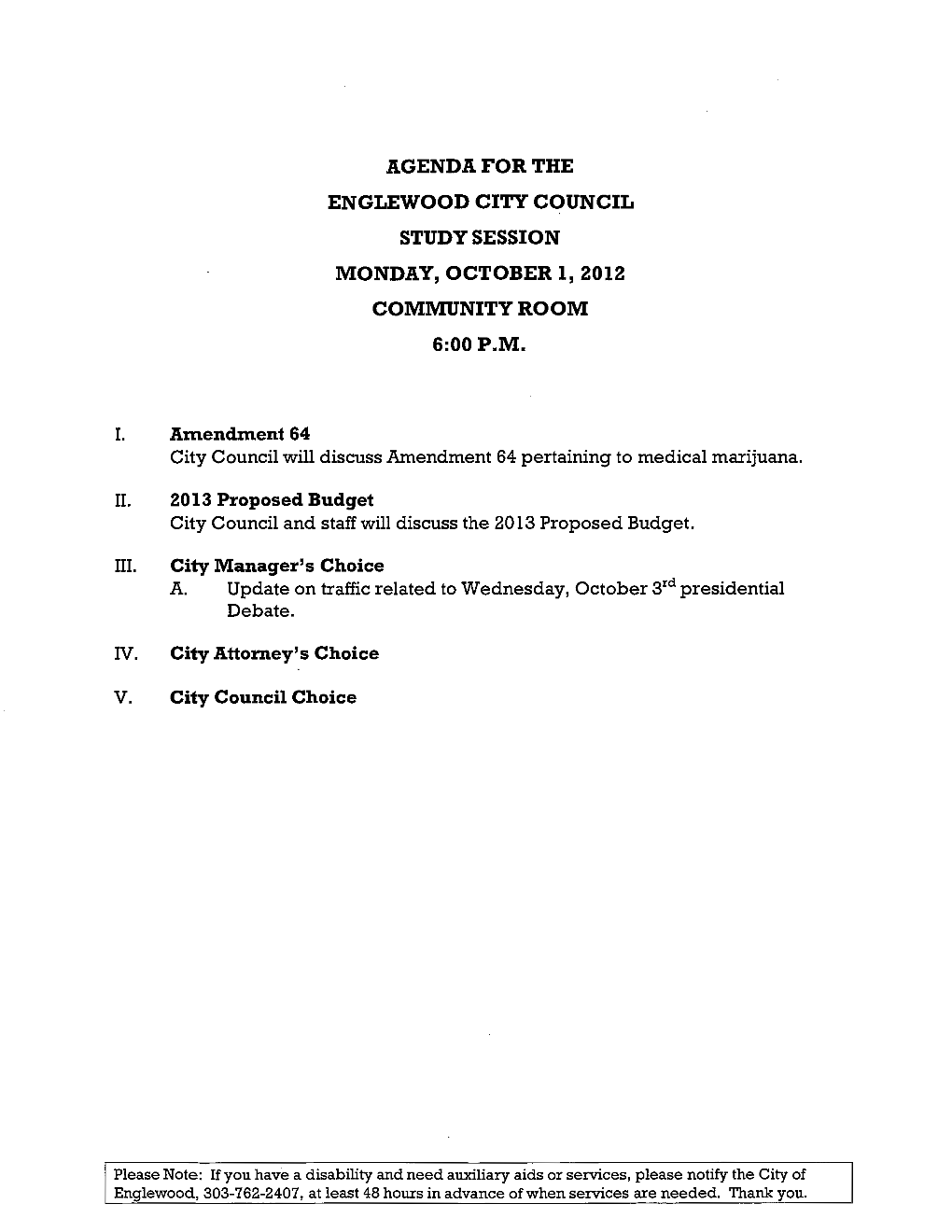 Agenda for the Englewood City Council Study Session Monday, October 1, 2012 Community Room 6:00P.M