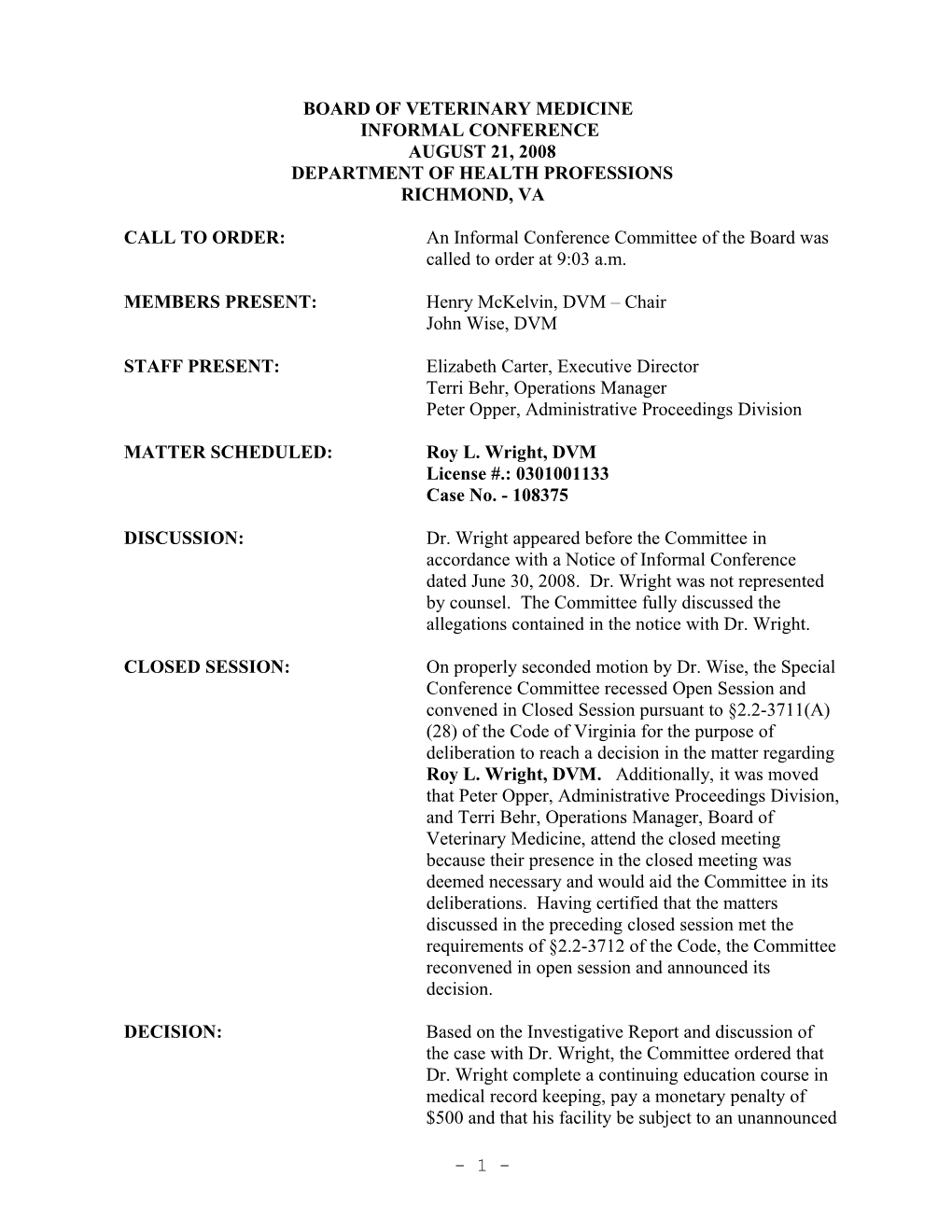 Board of Veterinary Medicine Minutes 8-21-2008