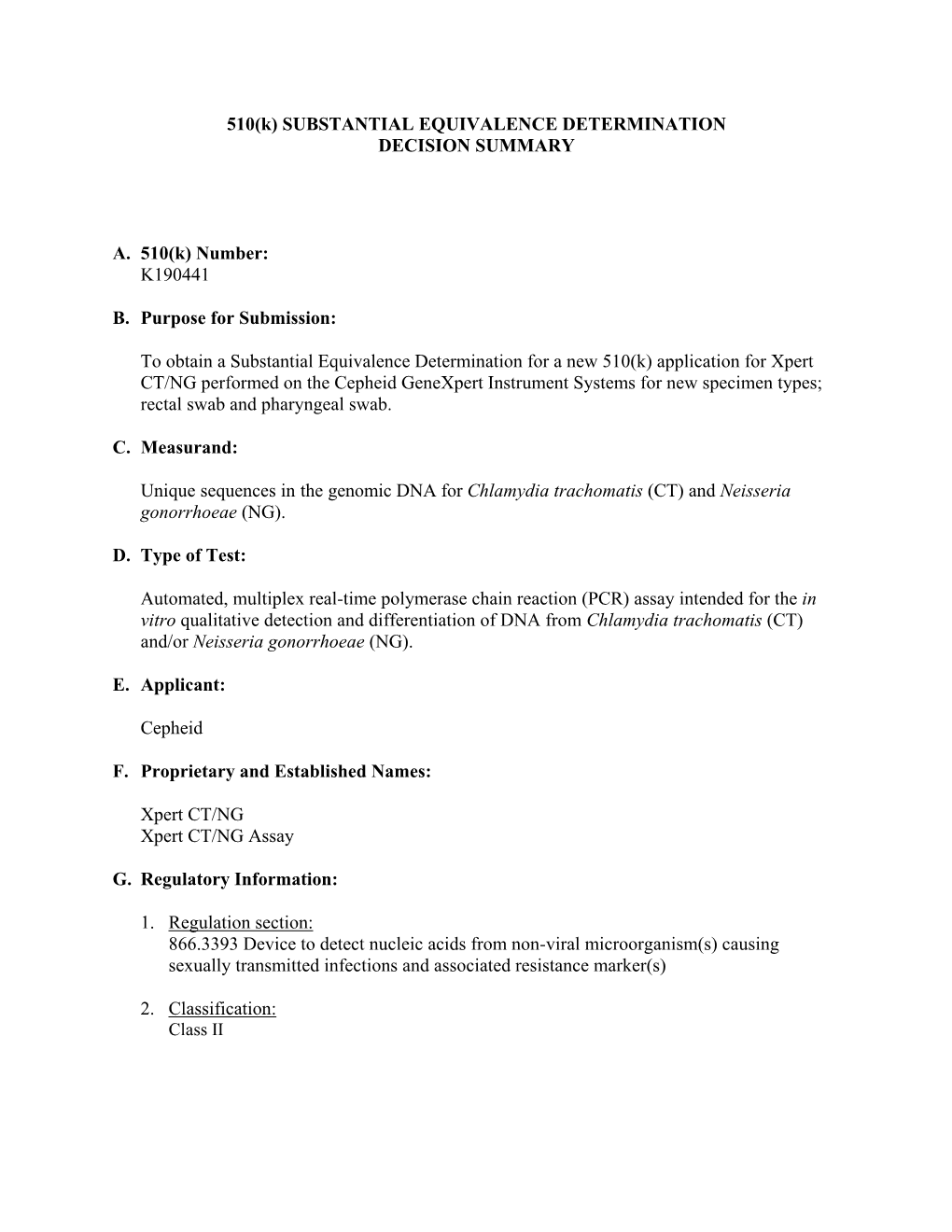 510(K) SUBSTANTIAL EQUIVALENCE DETERMINATION DECISION SUMMARY