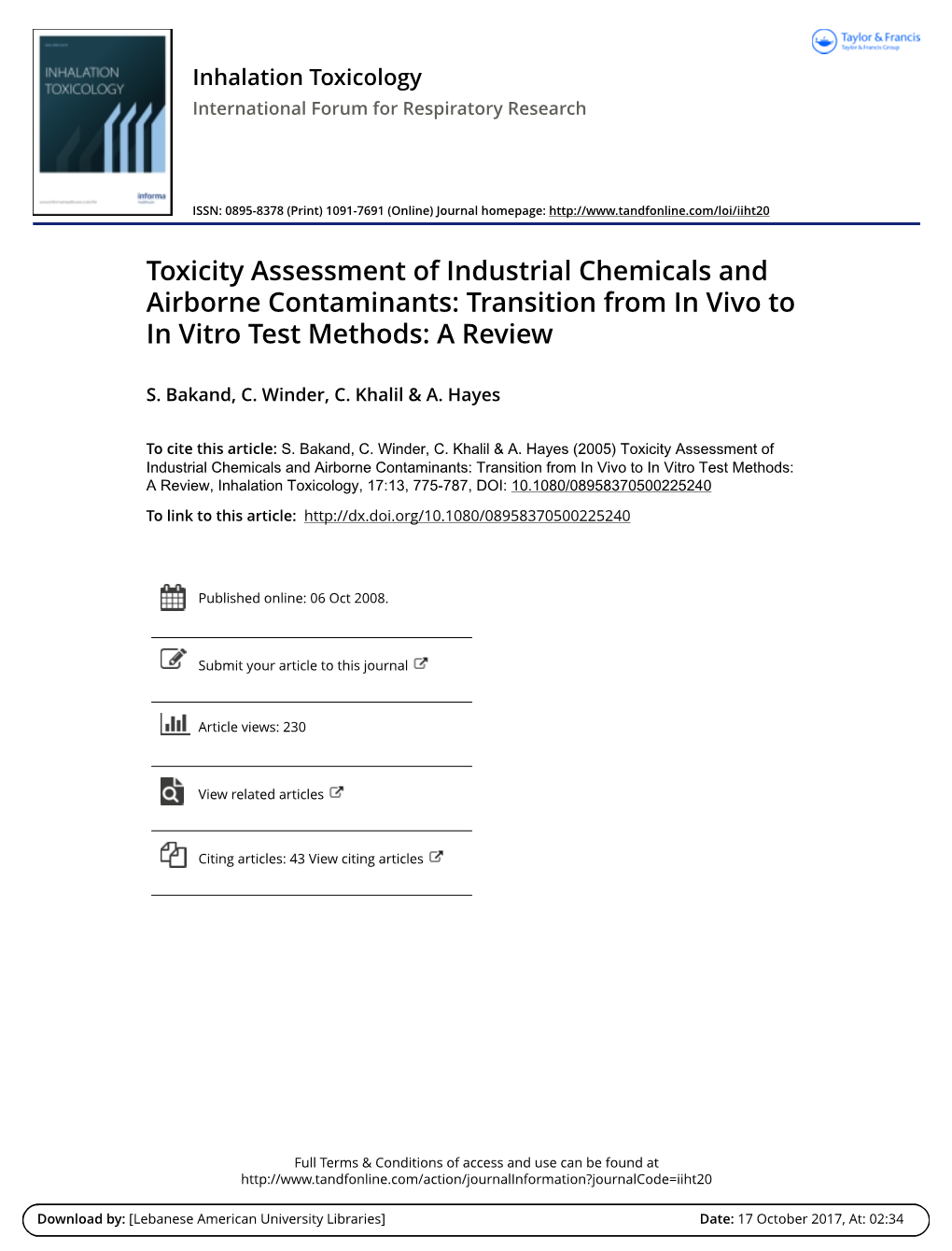 Toxicity Assessment of Industrial Chemicals and Airborne Contaminants: Transition from in Vivo to in Vitro Test Methods: a Review