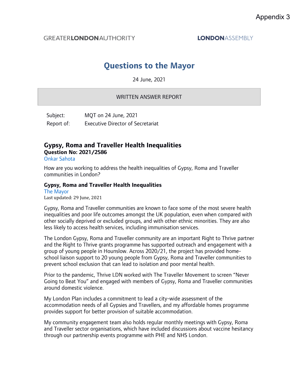 Questions to the Mayor