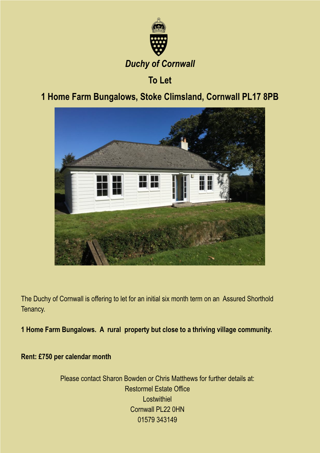 Duchy of Cornwall to Let 1 Home Farm Bungalows, Stoke Climsland, Cornwall PL17 8PB