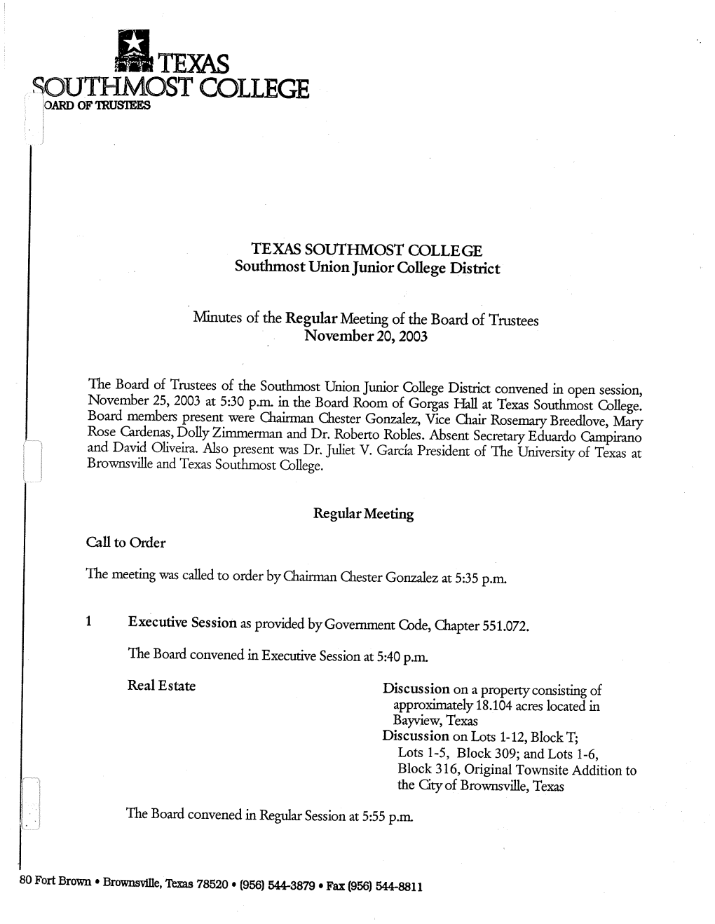 Minutes of the Regular Meeting of the Board of Trustees November 20,2003