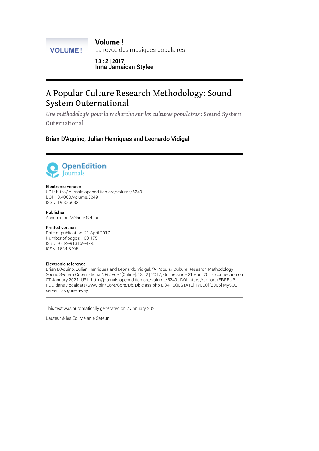 A Popular Culture Research Methodology: Sound System Outernational Une Méthodologie Pour La Recherche Sur Les Cultures Populaires : Sound System Outernational