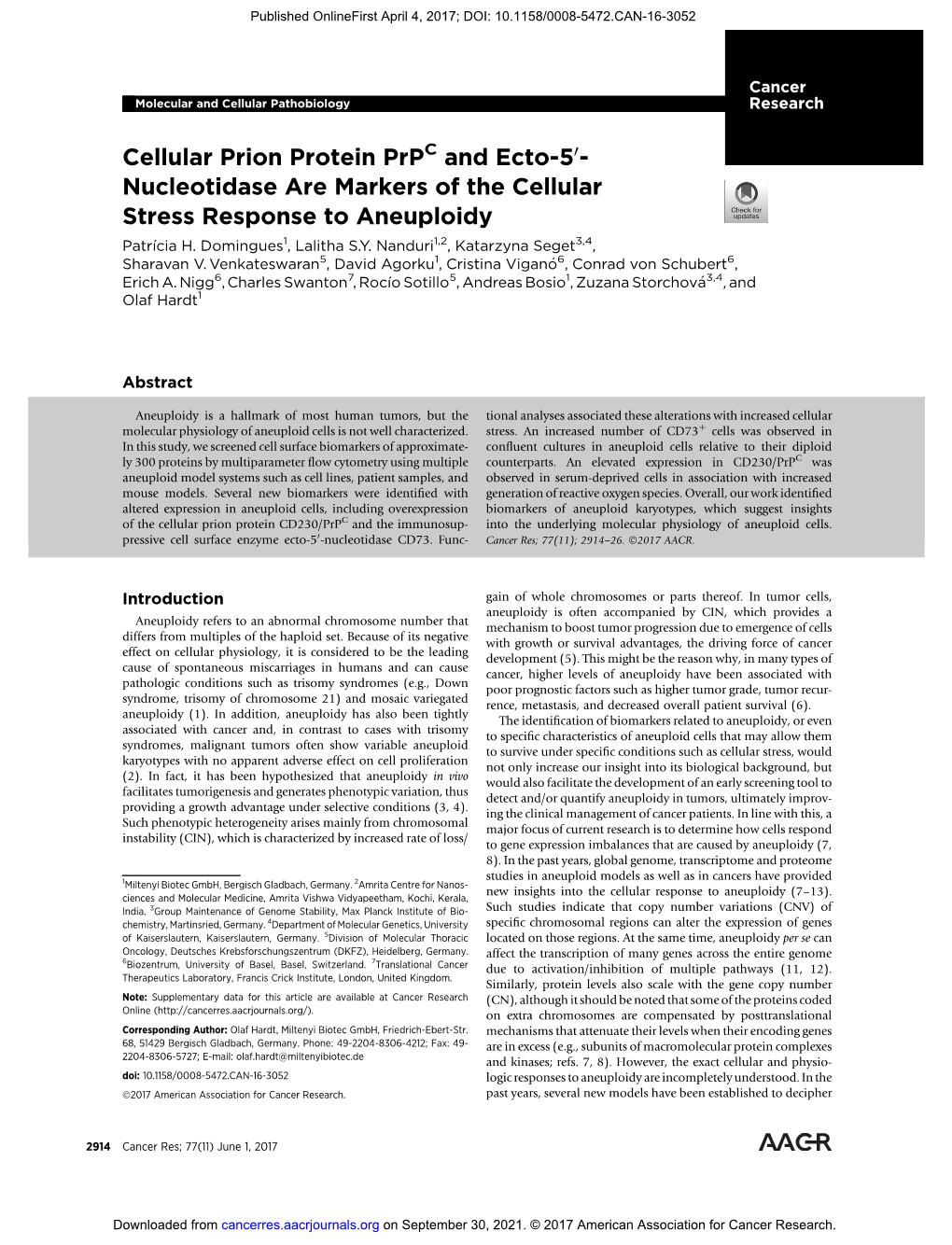 Nucleotidase Are Markers of the Cellular Stress Response to Aneuploidy Patrícia H