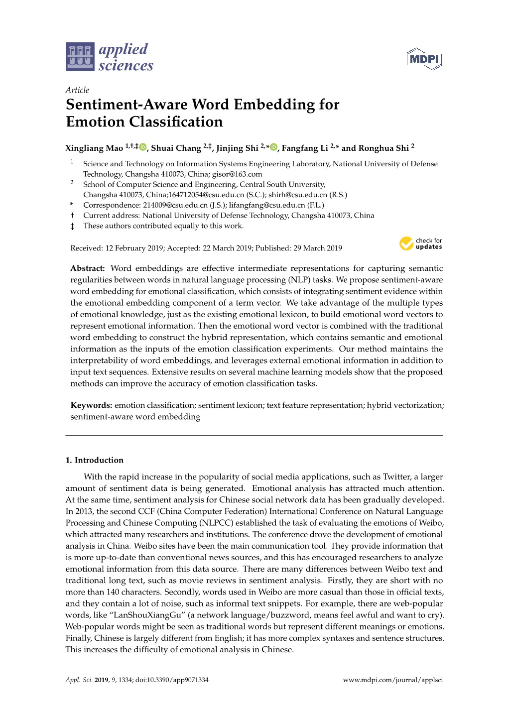 Sentiment-Aware Word Embedding for Emotion Classification