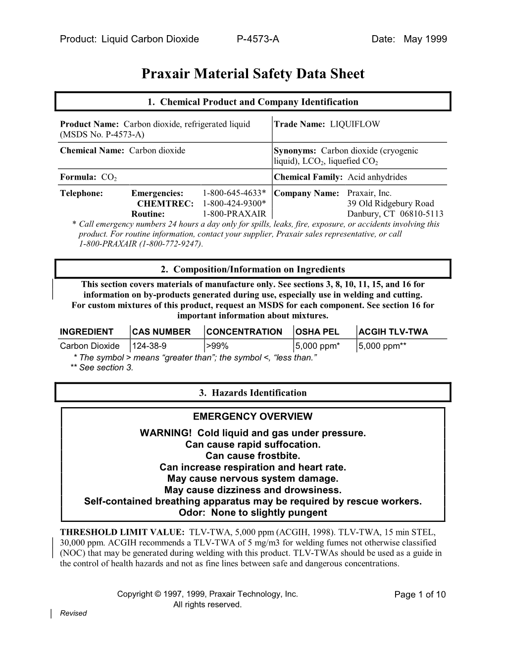 Carbon Dioxide Liquid SDS Sheet