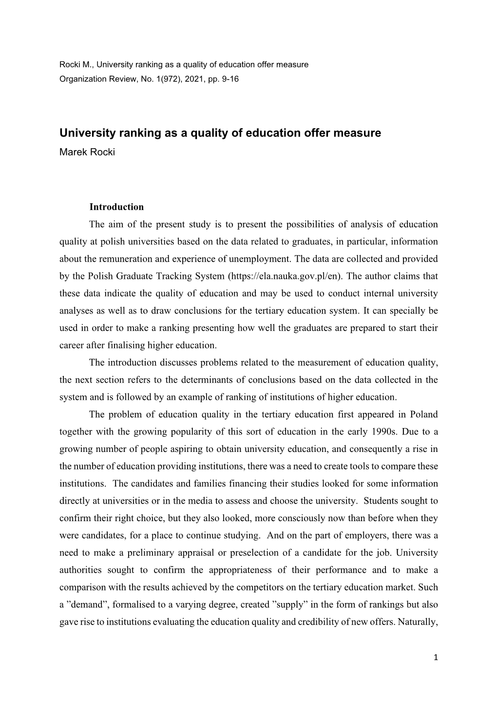 University Ranking As a Quality of Education Offer Measure Organization Review, No