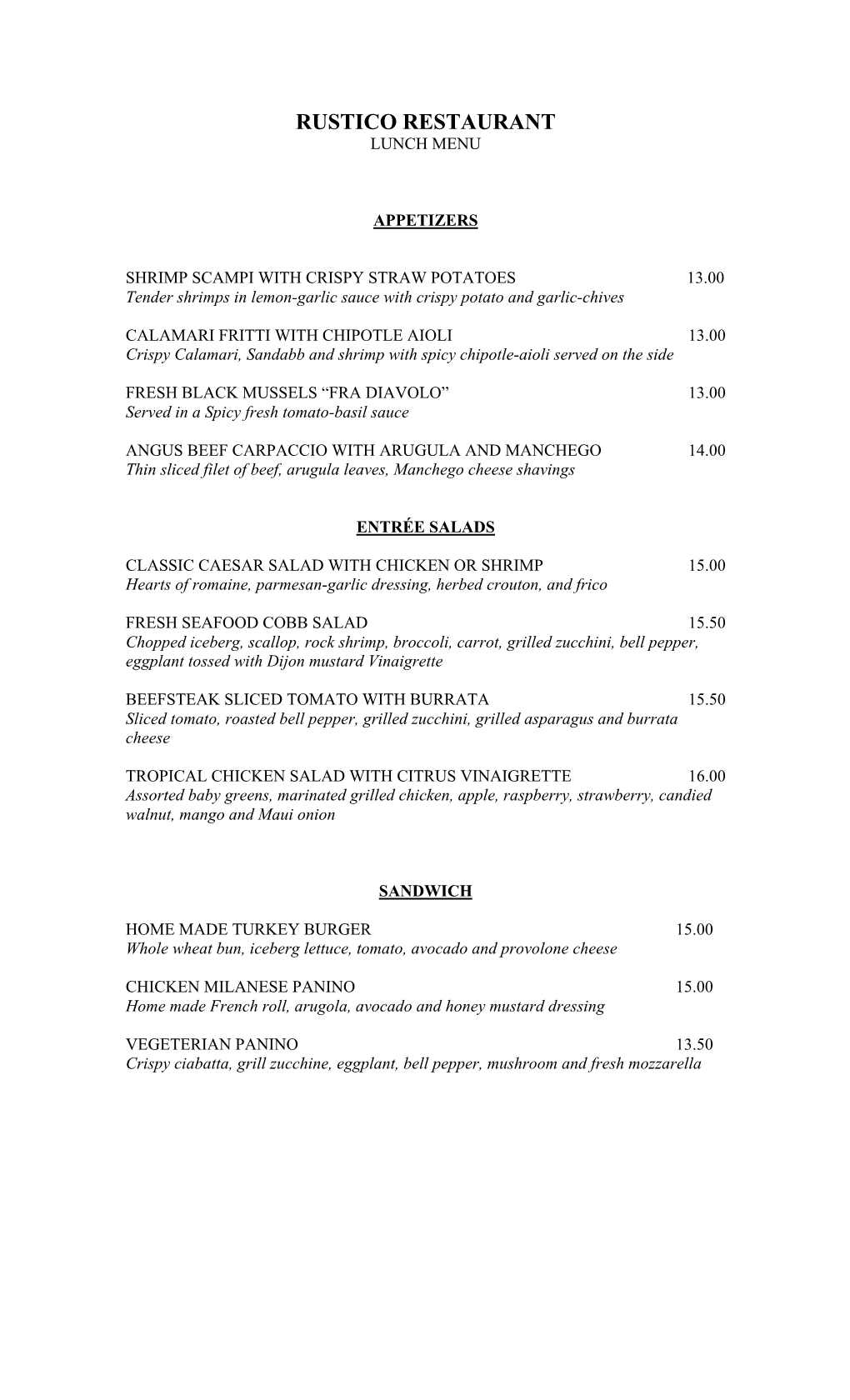 Rustico Restaurant Lunch Menu