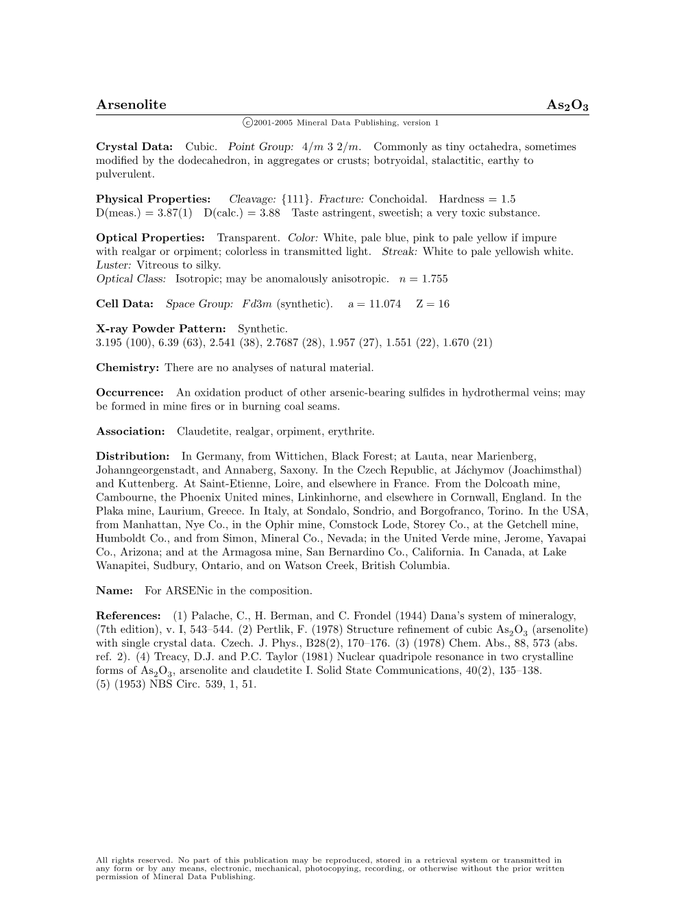 Arsenolite As2o3 C 2001-2005 Mineral Data Publishing, Version 1