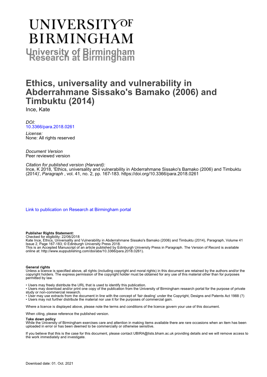 University of Birmingham Ethics, Universality And