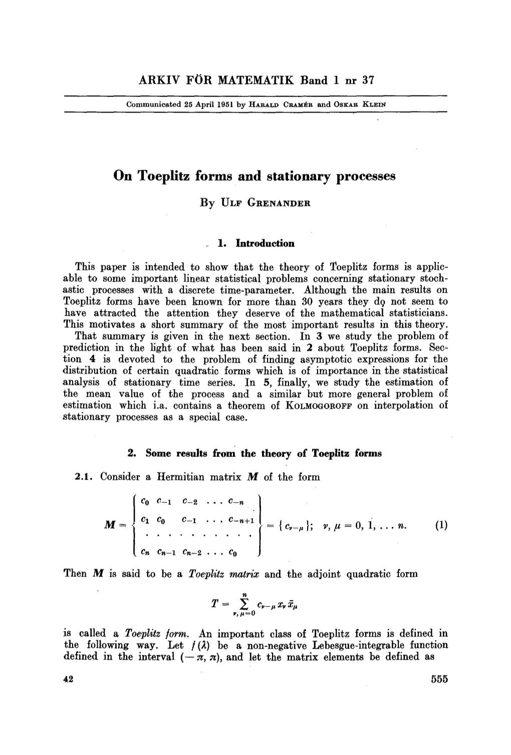 On Toeplitz Forms and Stationary Processes