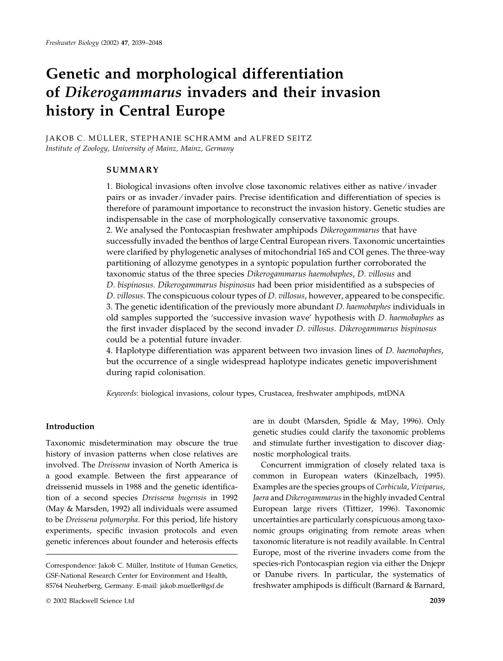 Genetic and Morphological Differentiation of Dikerogammarus Invaders and Their Invasion History in Central Europe