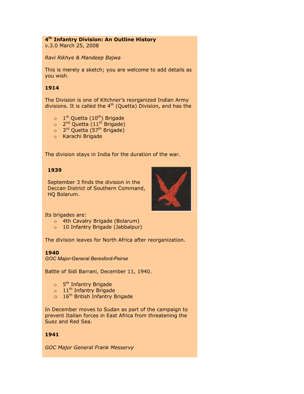 4Th Infantry Division: an Outline History V.3.0 March 25, 2008