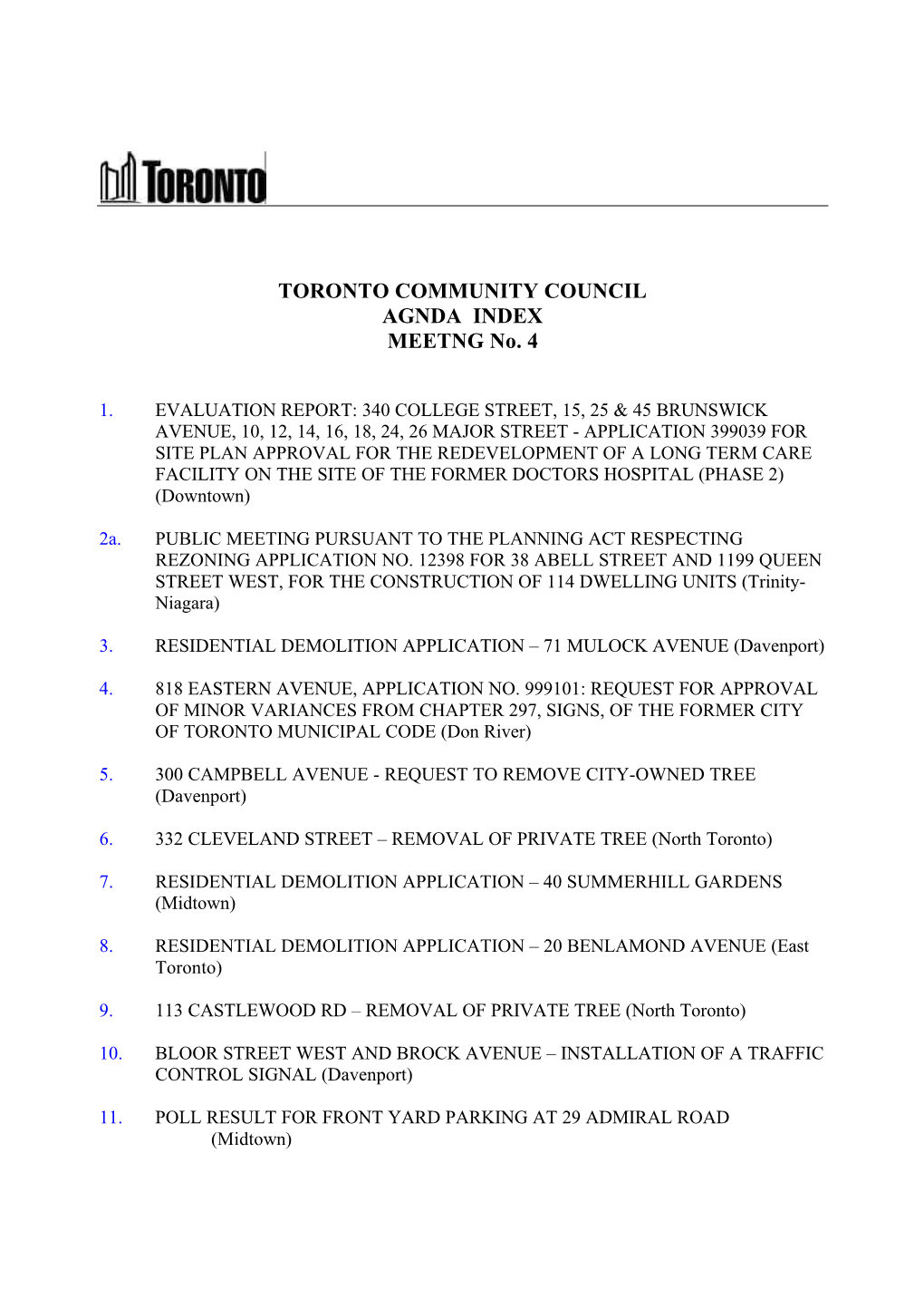 TORONTO COMMUNITY COUNCIL AGNDA INDEX MEETNG No. 4