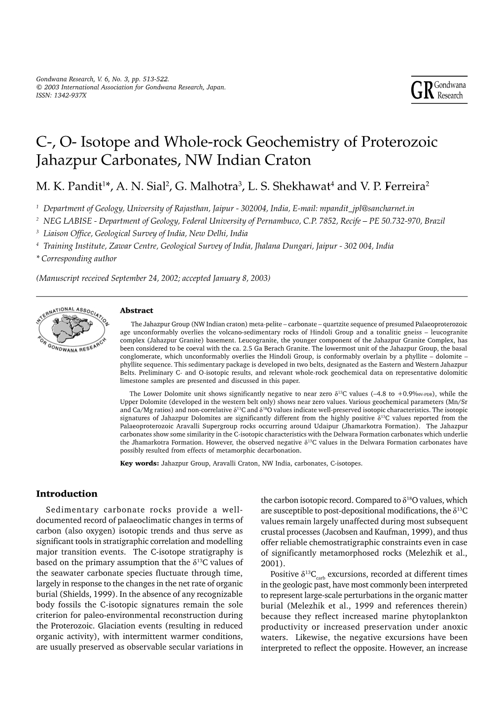 Isotope and Whole-Rock Geochemistry of Proterozoic Jahazpur Carbonates, NW Indian Craton