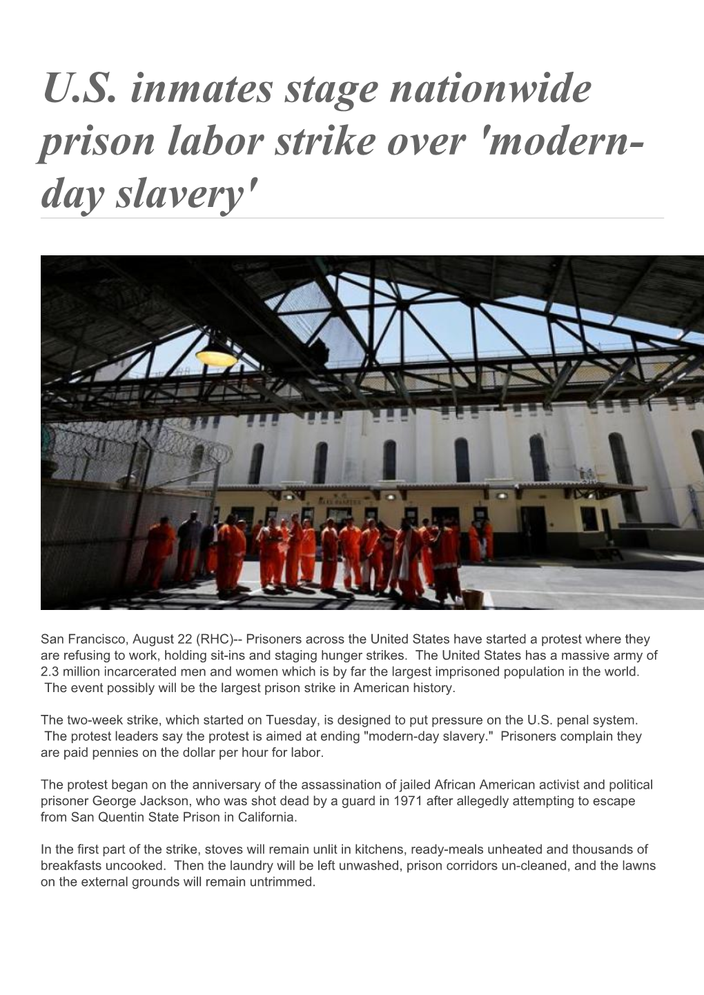 U.S. Inmates Stage Nationwide Prison Labor Strike Over 'Modern- Day Slavery'