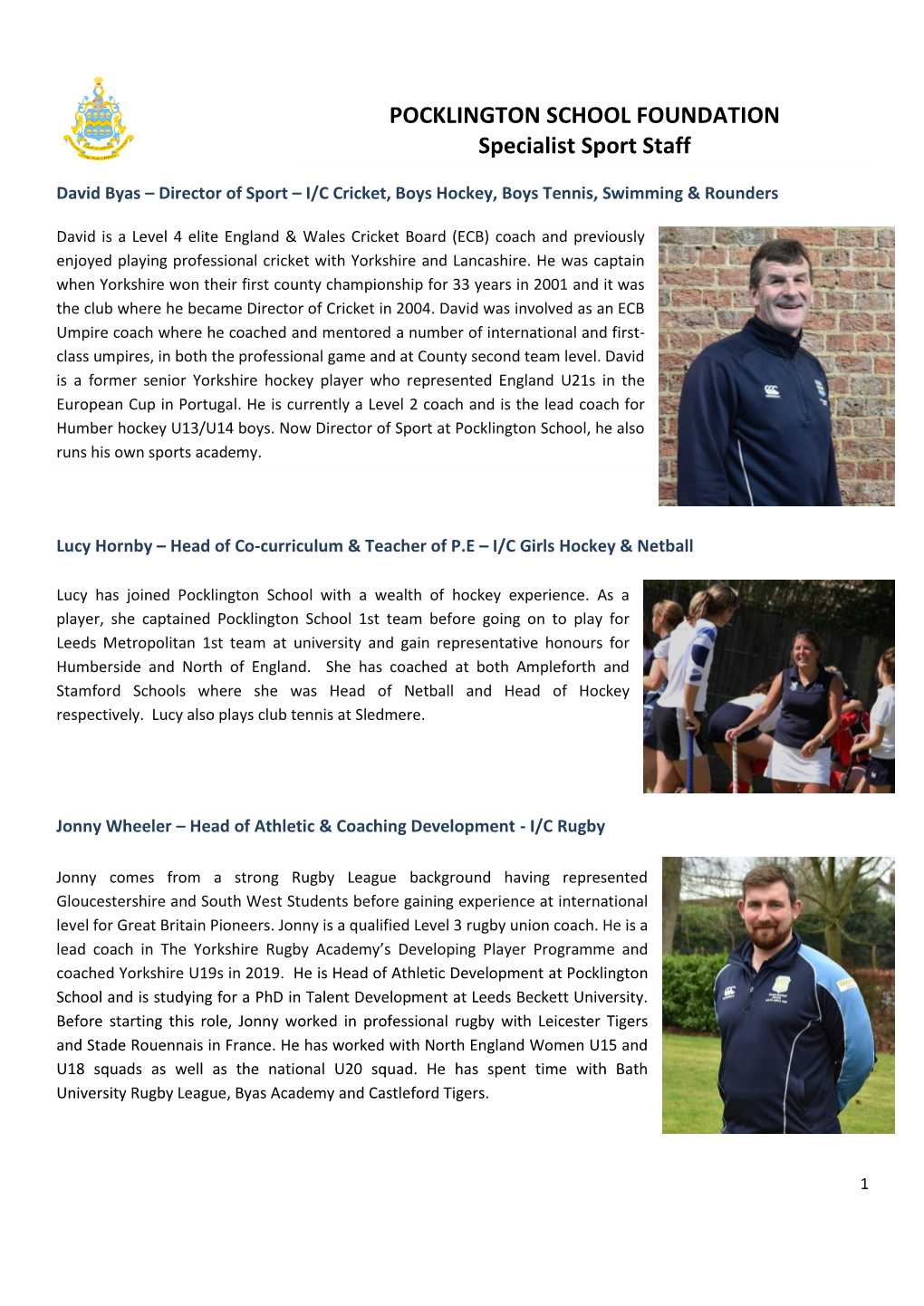 Pocklington School Coaching Staff 2020-21