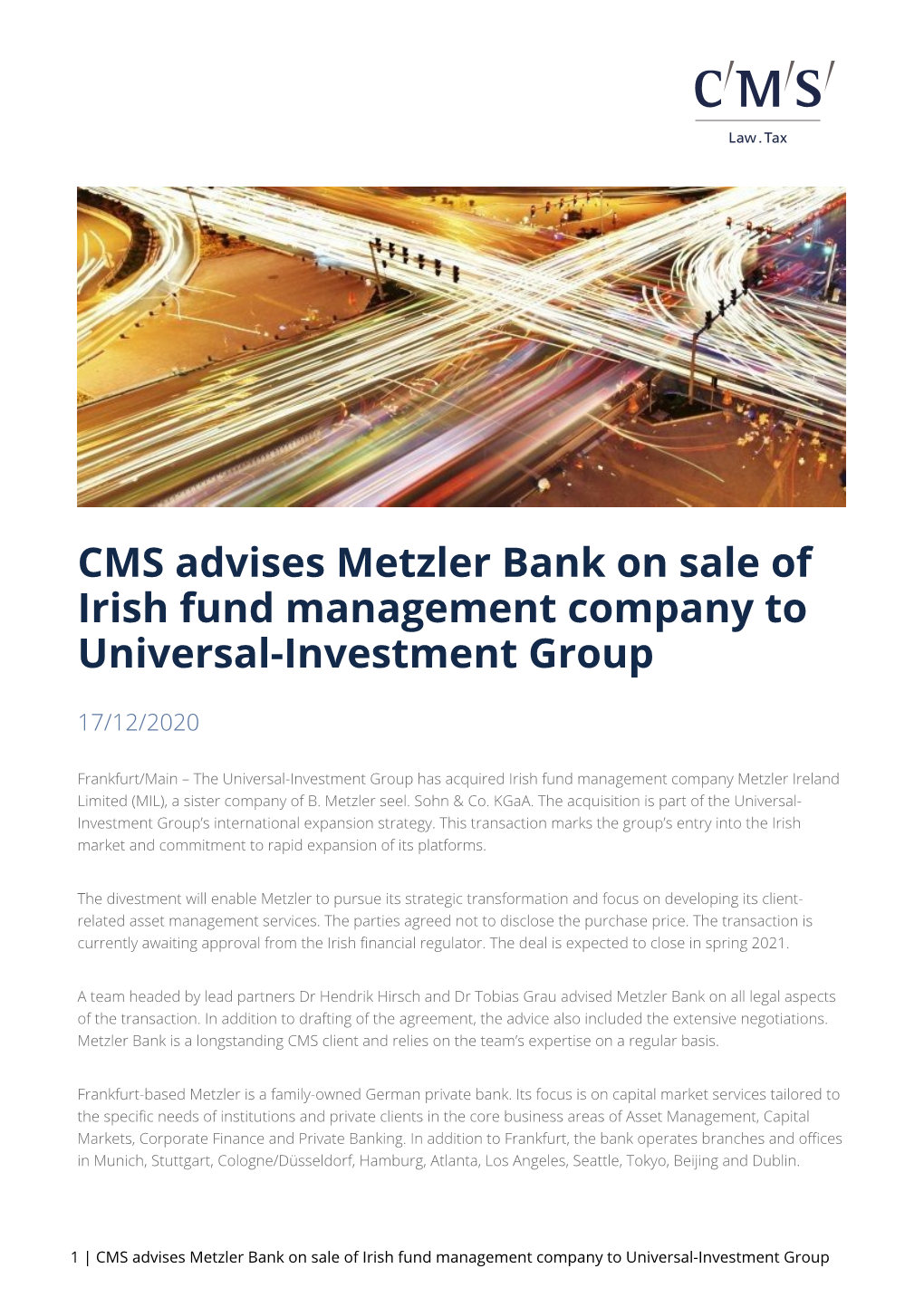 CMS Advises Metzler Bank on Sale of Irish Fund Management Company to Universal-Investment Group