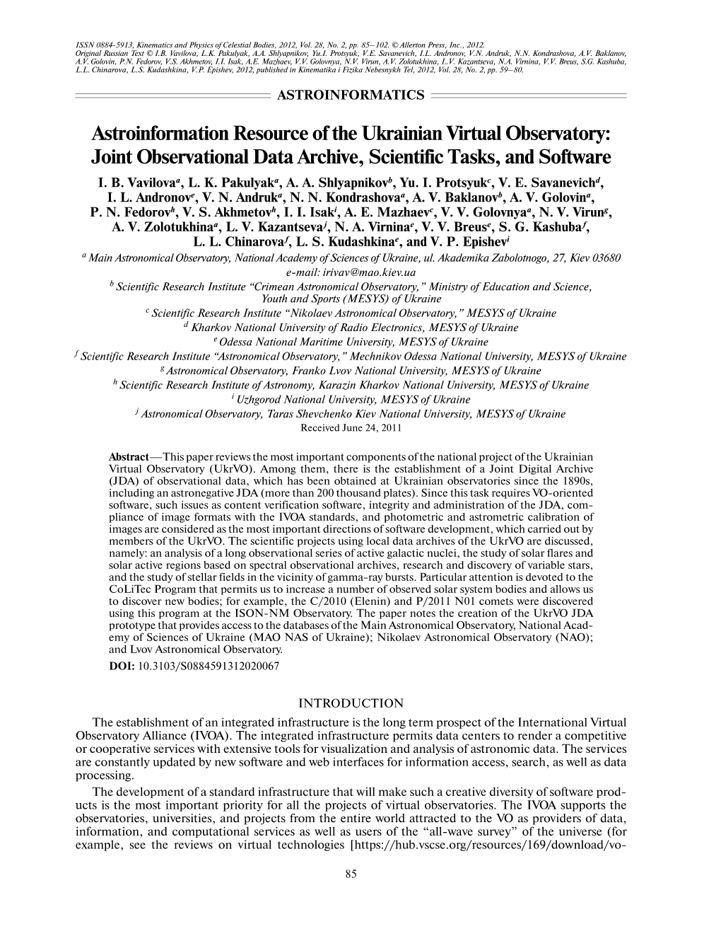 Joint Observational Data Archive, Scientific Tasks, and Software I