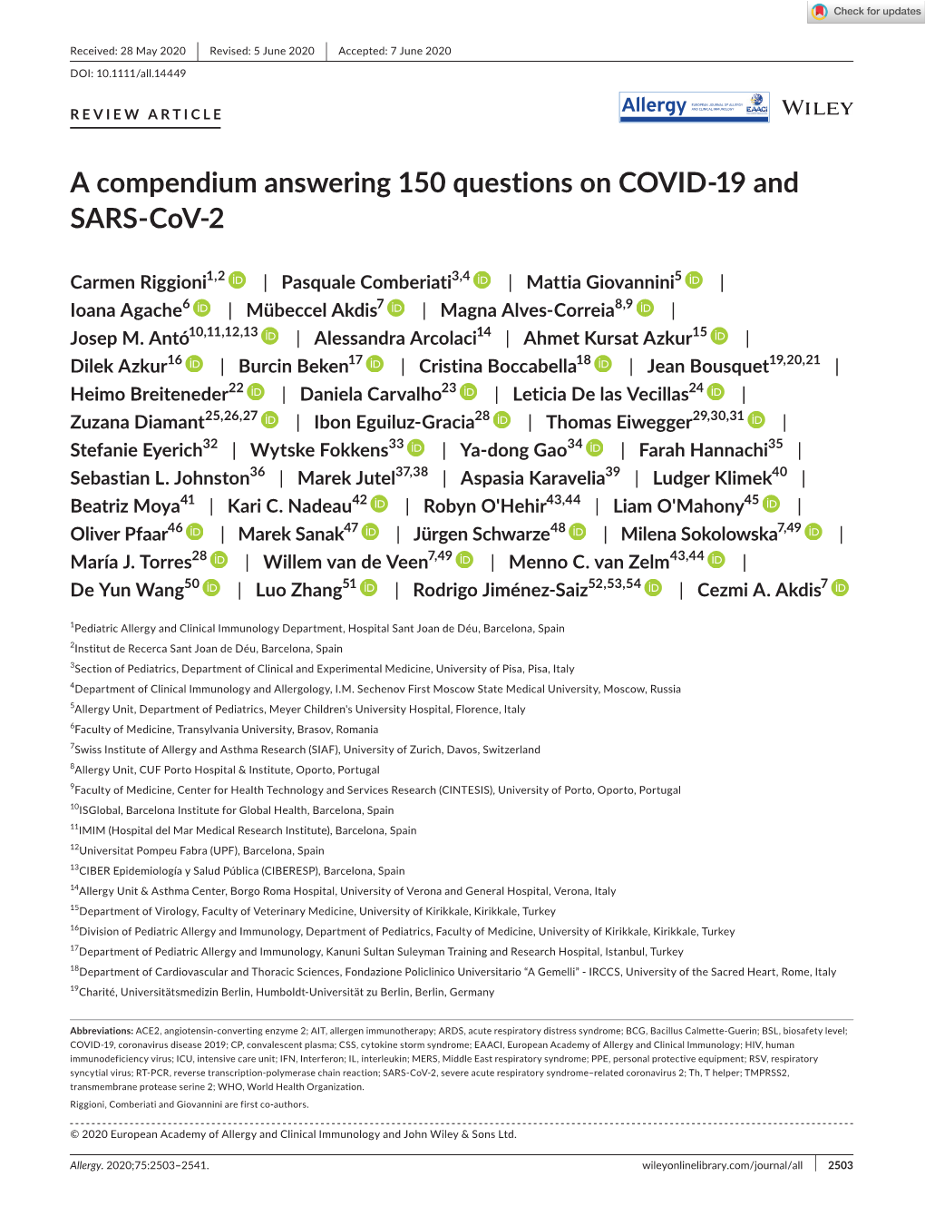 A Compendium Answering 150 Questions on COVID‐19 and SARS