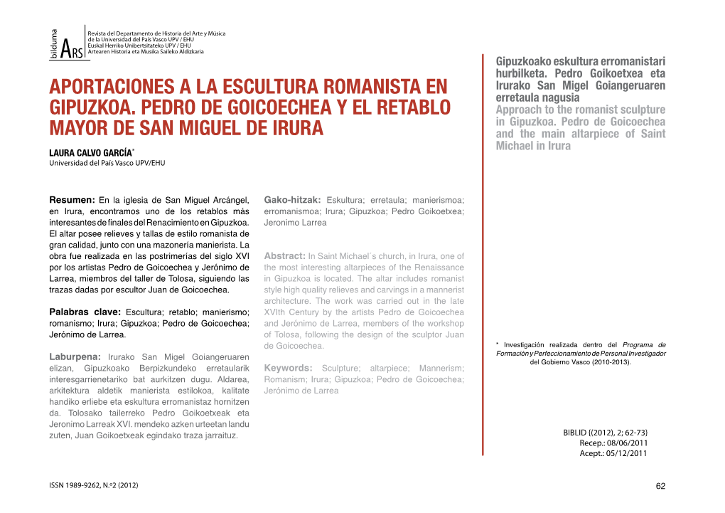 Aportaciones a La Escultura Romanista En Gipuzkoa. Pedro De Goicoechea