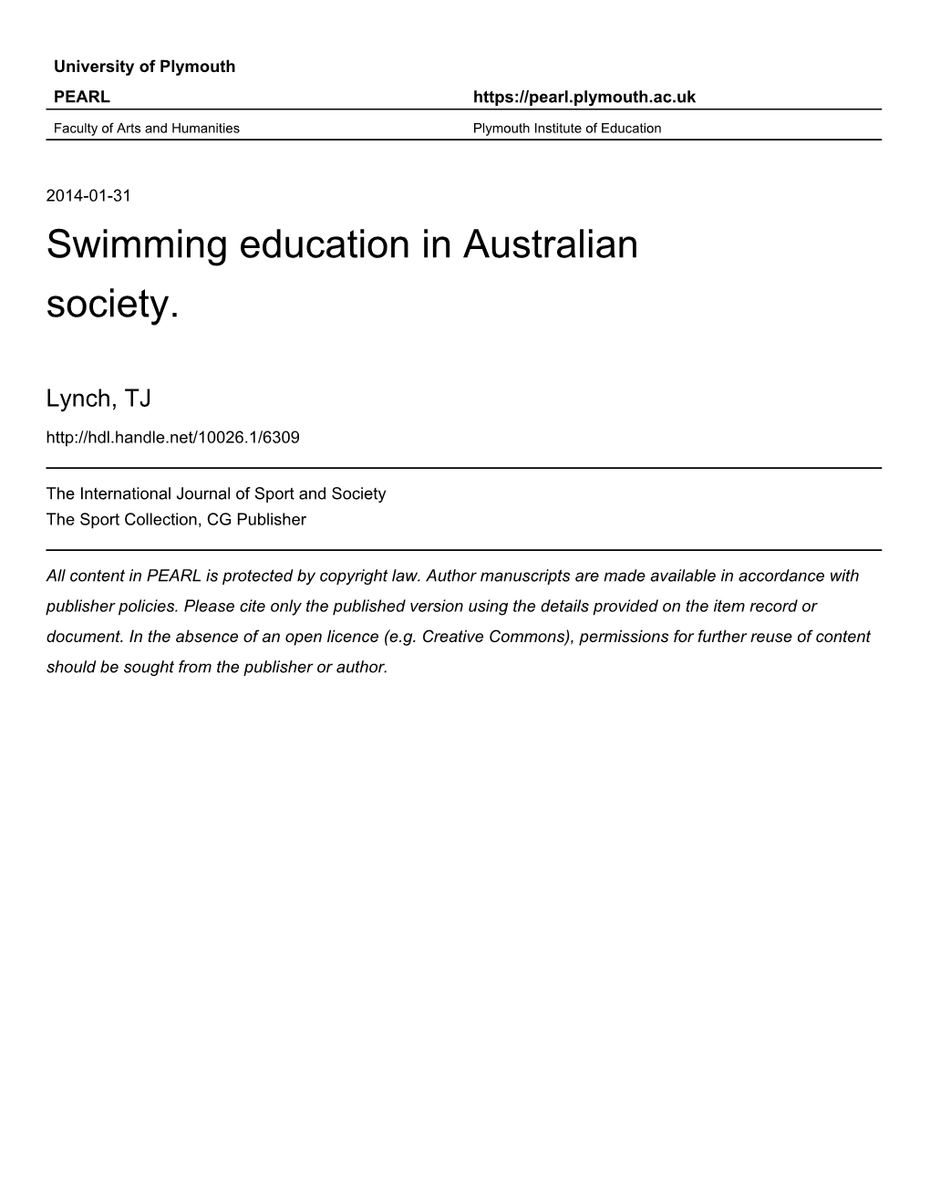 Swimming Education in Australian Society