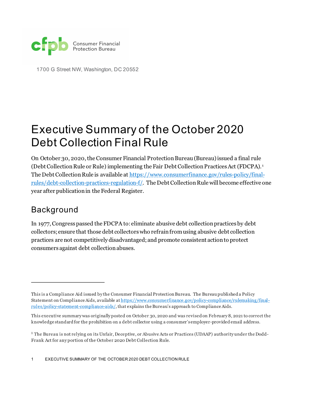 Executive Summary of the October 2020 Debt Collection Final Rule