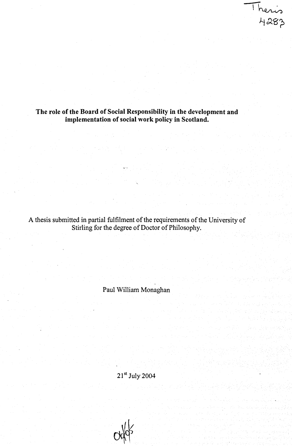 The Role of the Board of Social Responsibility in the Development and Implementation of Social Work Policy in Scotland