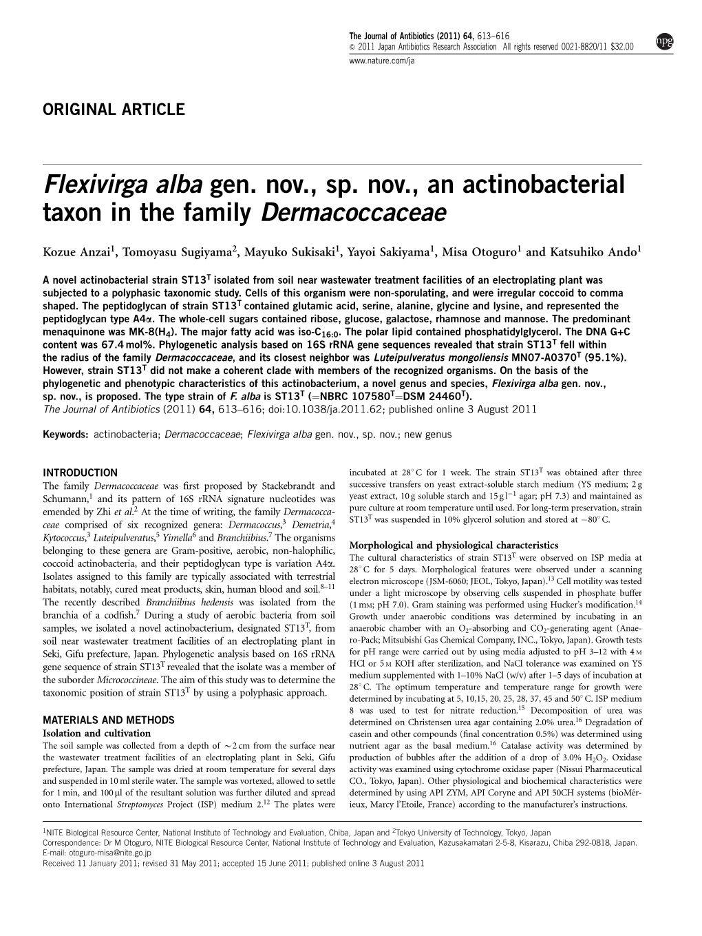 Flexivirga Alba Gen. Nov., Sp. Nov., an Actinobacterial Taxon in the Family