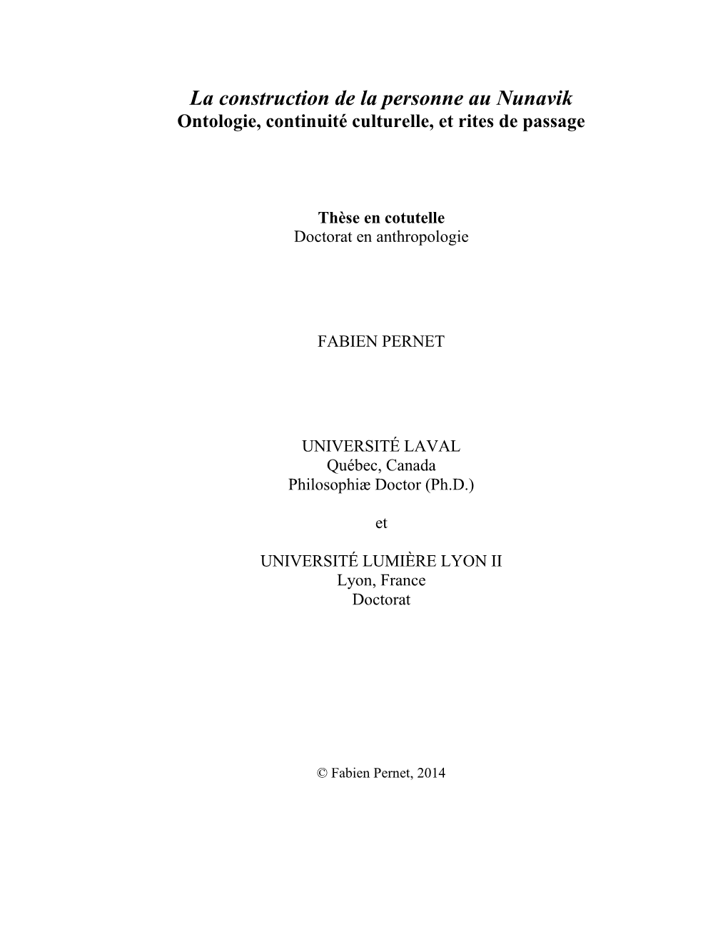 La Construction De La Personne Au Nunavik. Ontologie, Continuité