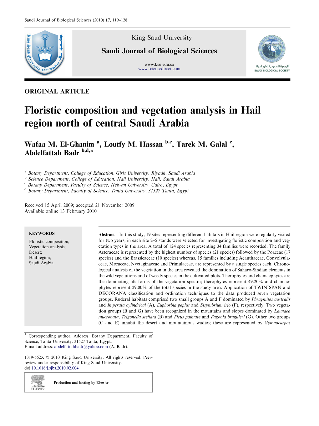 Floristic Composition and Vegetation Analysis in Hail Region North of Central Saudi Arabia