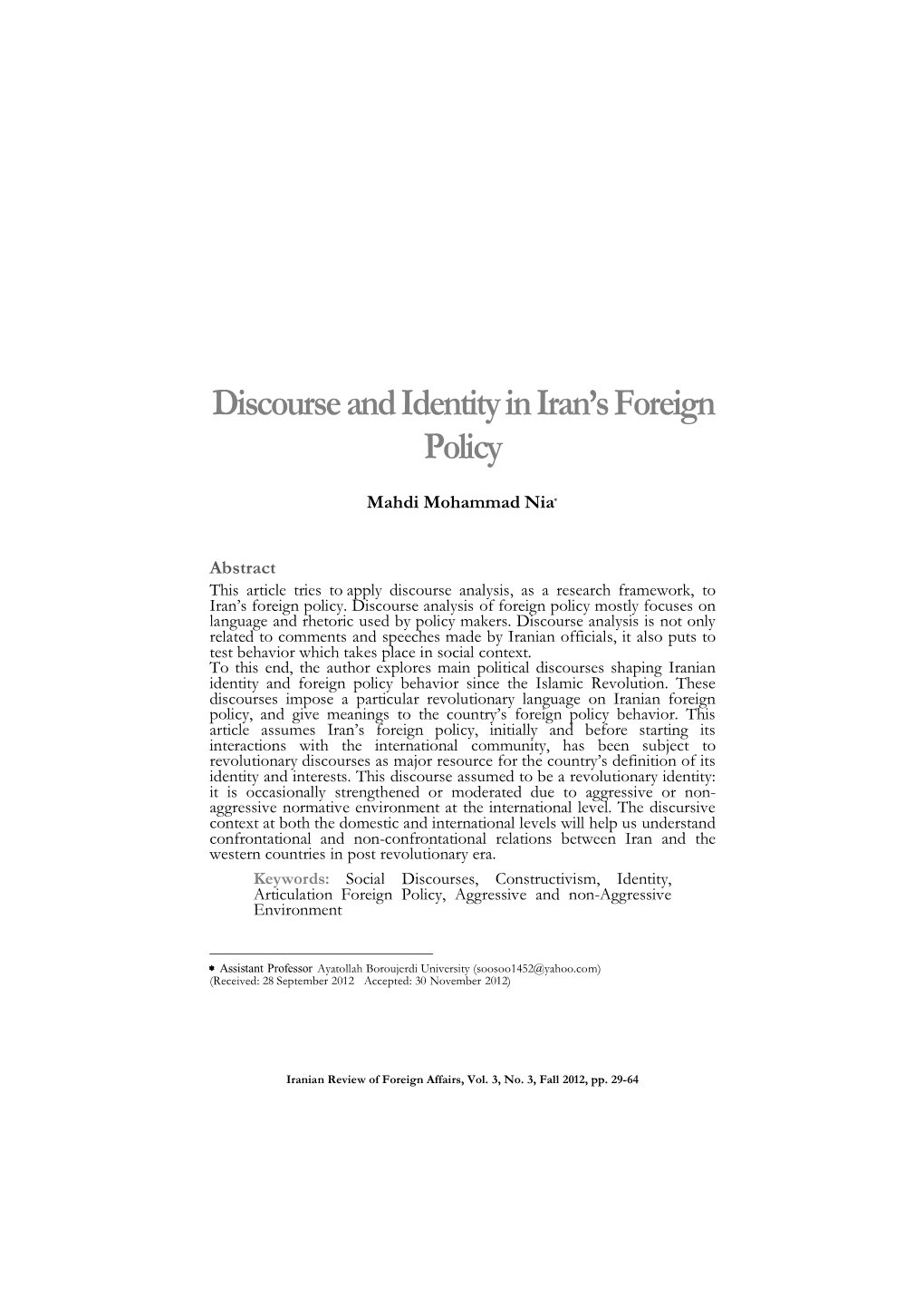 Discourse and Identity in Iran's Foreign Policy