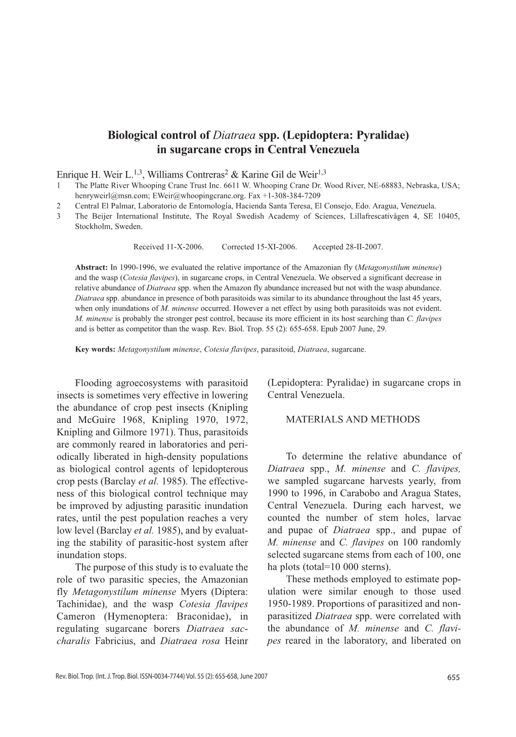 Biological Control of Diatraea Spp. (Lepidoptera: Pyralidae) in Sugarcane Crops in Central Venezuela