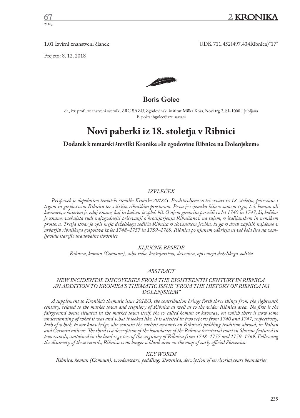Novi Paberki Iz 18. Stoletja V Ribnici Dodatek K Tematski Številki Kronike »Iz Zgodovine Ribnice Na Dolenjskem«