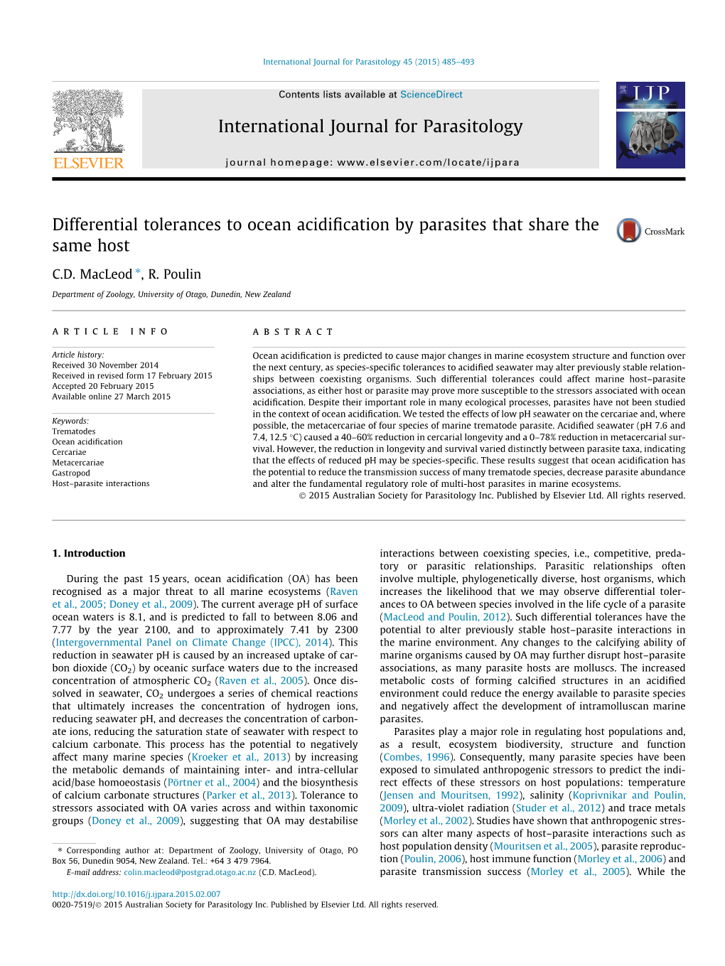 Differential Tolerances to Ocean Acidification by Parasites That Share