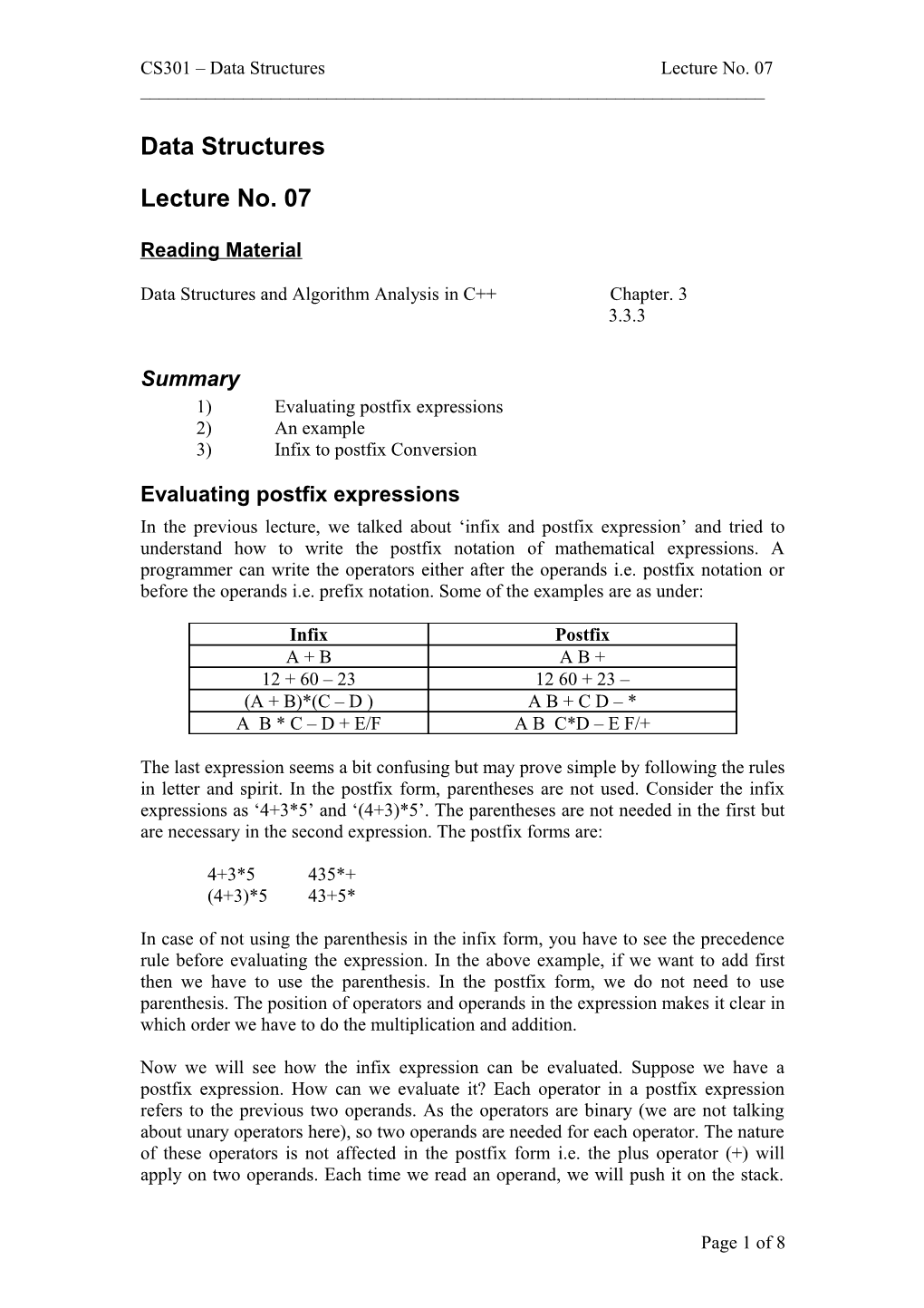 CS301 Data Structures Lecture No. 07