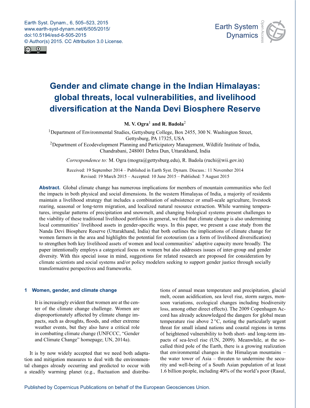 Gender and Climate Change in the Indian Himalayas: Global Threats, Local Vulnerabilities, and Livelihood Diversiﬁcation at the Nanda Devi Biosphere Reserve