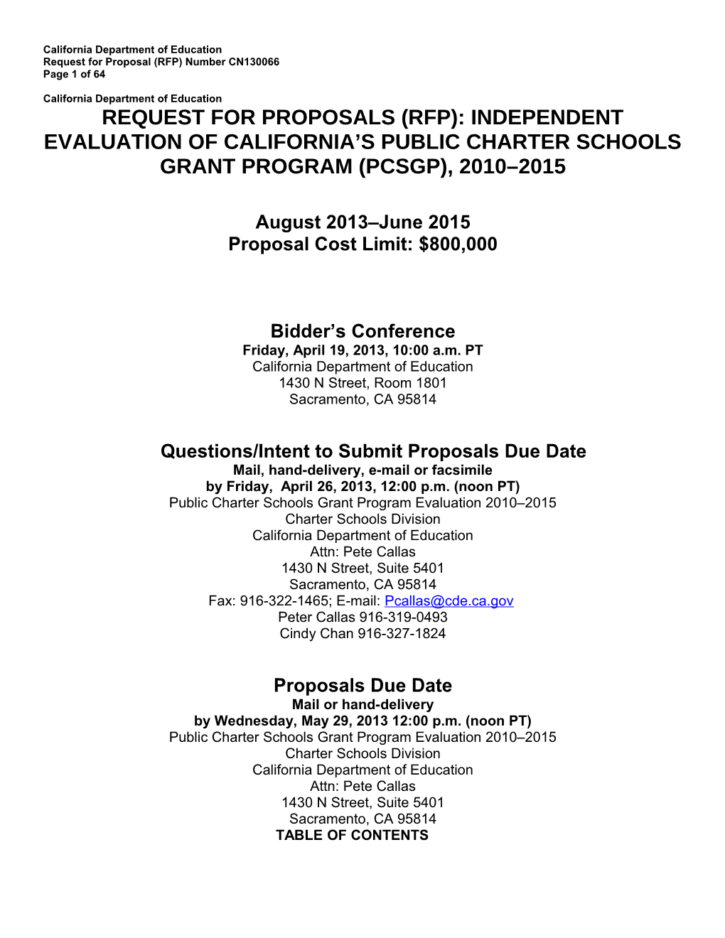 RFP-13: Public Charter Schools Grant Program (CA Dept Of Education)