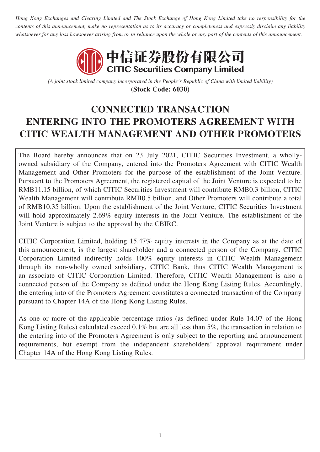 Connected Transaction Entering Into the Promoters Agreement with Citic Wealth Management and Other Promoters