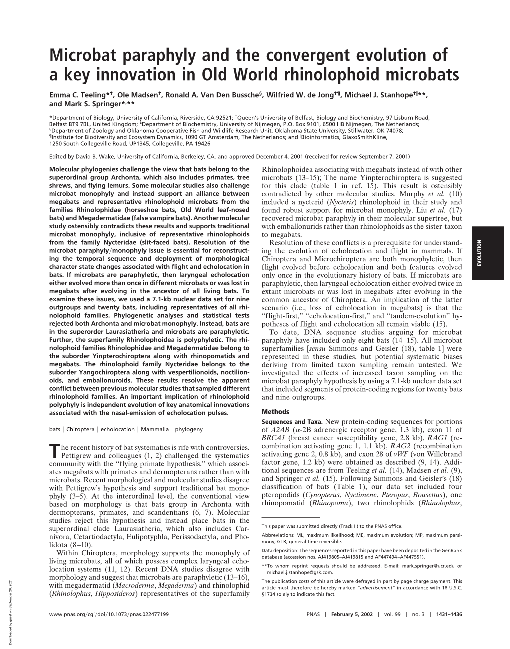 Microbat Paraphyly and the Convergent Evolution of a Key Innovation in Old World Rhinolophoid Microbats