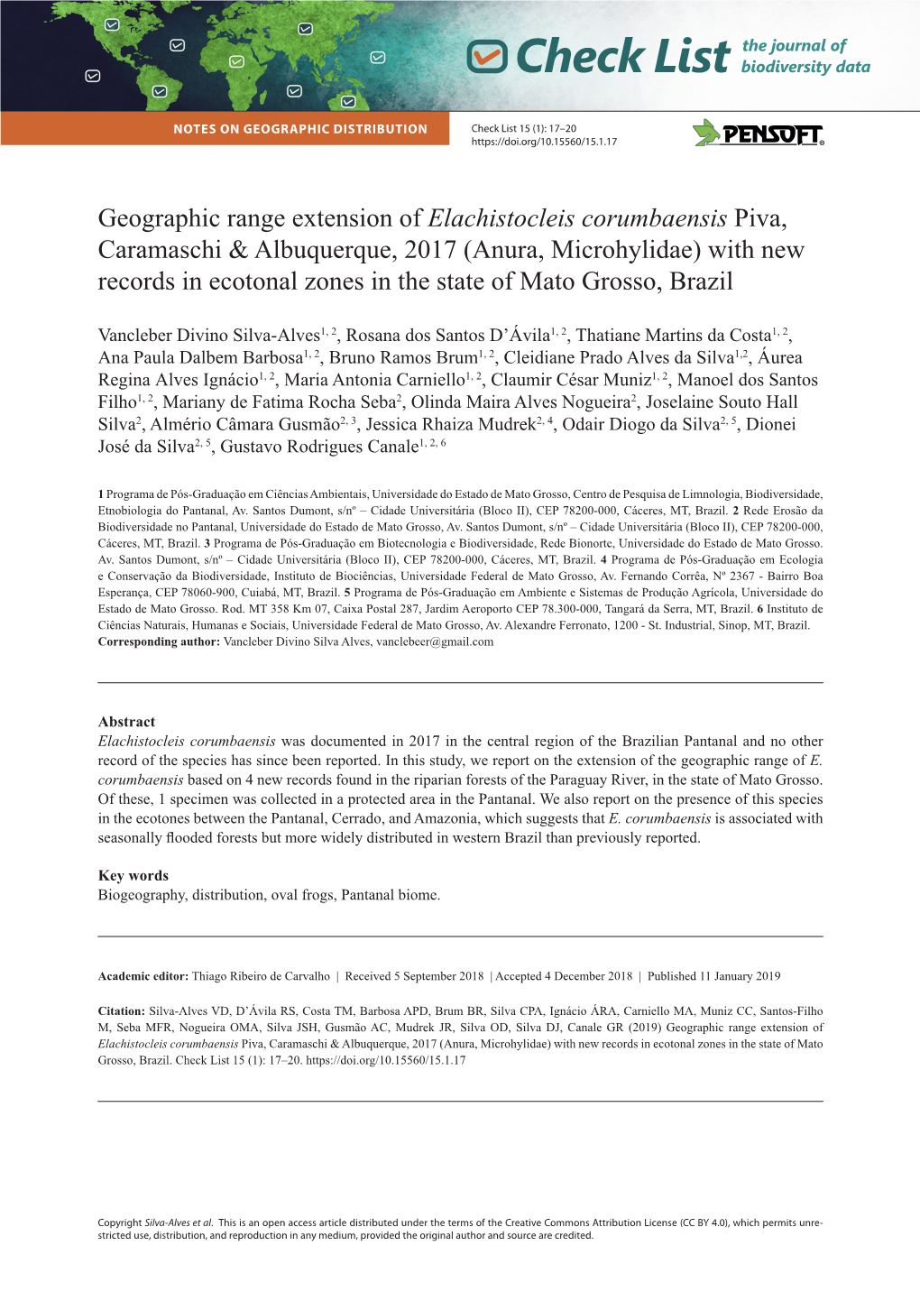 Geographic Range Extension of Elachistocleis Corumbaensis Piva