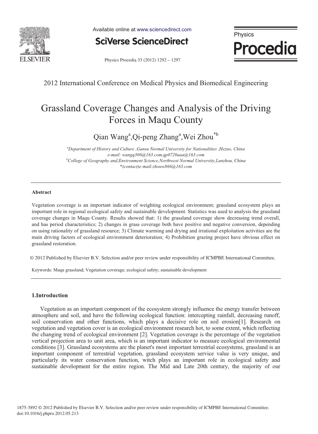 Grassland Coverage Changes and Analysis of the Driving Forces in Maqu County