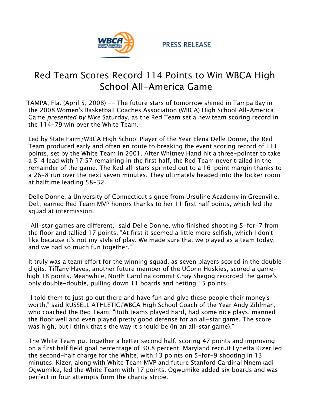 Red Team Scores Record 114 Points to Win WBCA High School All-America Game