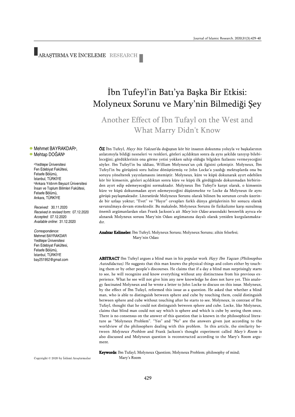 İbn Tufeyl'in Batı'ya Başka Bir Etkisi:Molyneux Sorunu Ve Mary'nin