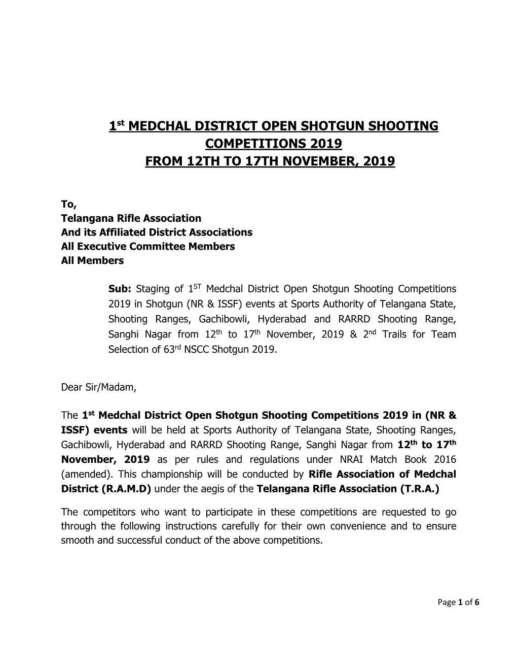 1St MEDCHAL DISTRICT OPEN SHOTGUN SHOOTING COMPETITIONS 2019 from 12TH to 17TH NOVEMBER, 2019