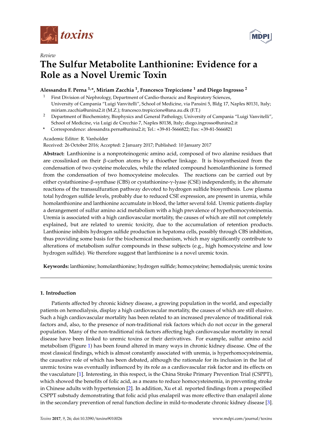 The Sulfur Metabolite Lanthionine: Evidence for a Role As a Novel Uremic Toxin