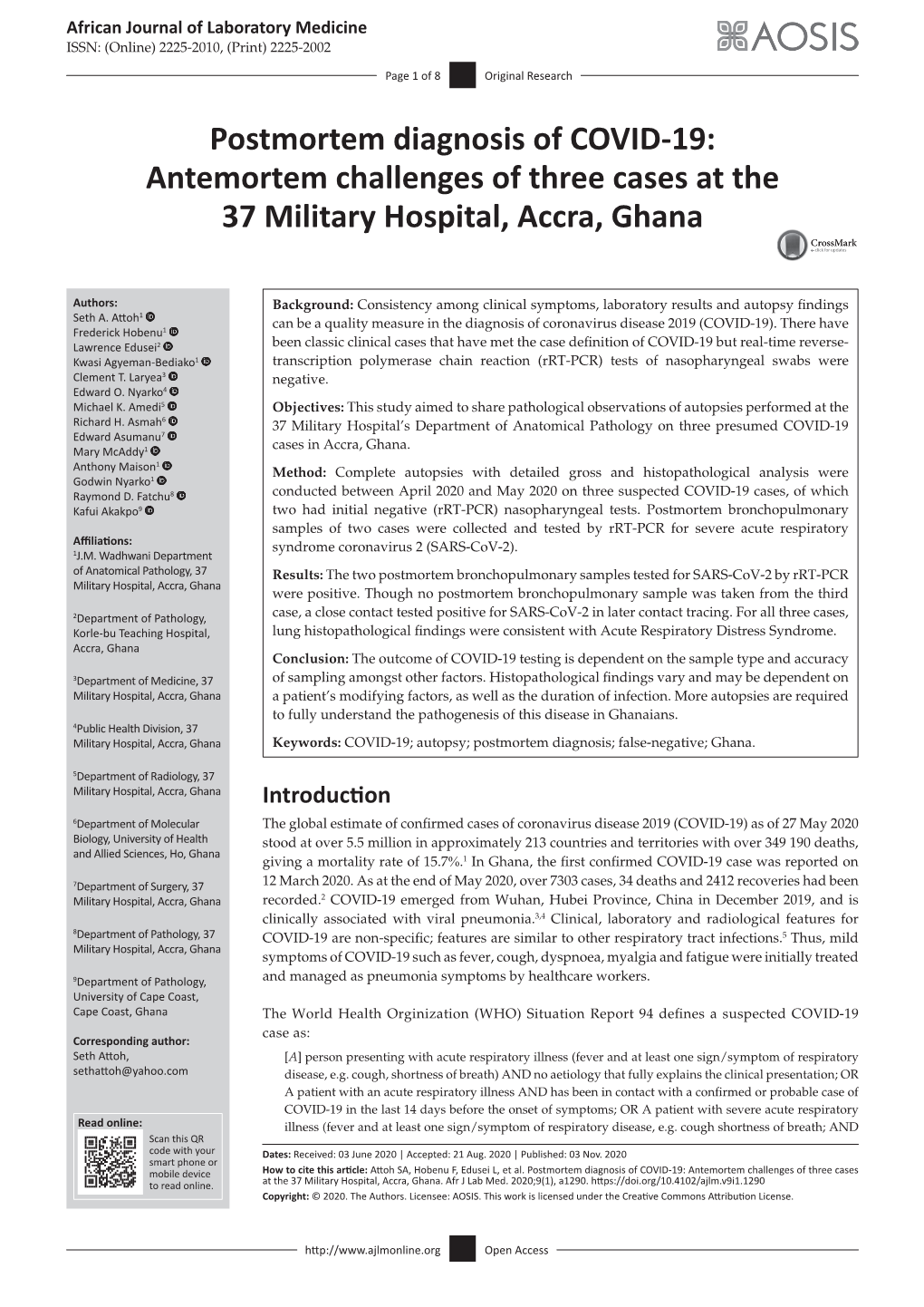 Postmortem Diagnosis of COVID-19: Antemortem Challenges of Three Cases at the 37 Military Hospital, Accra, Ghana