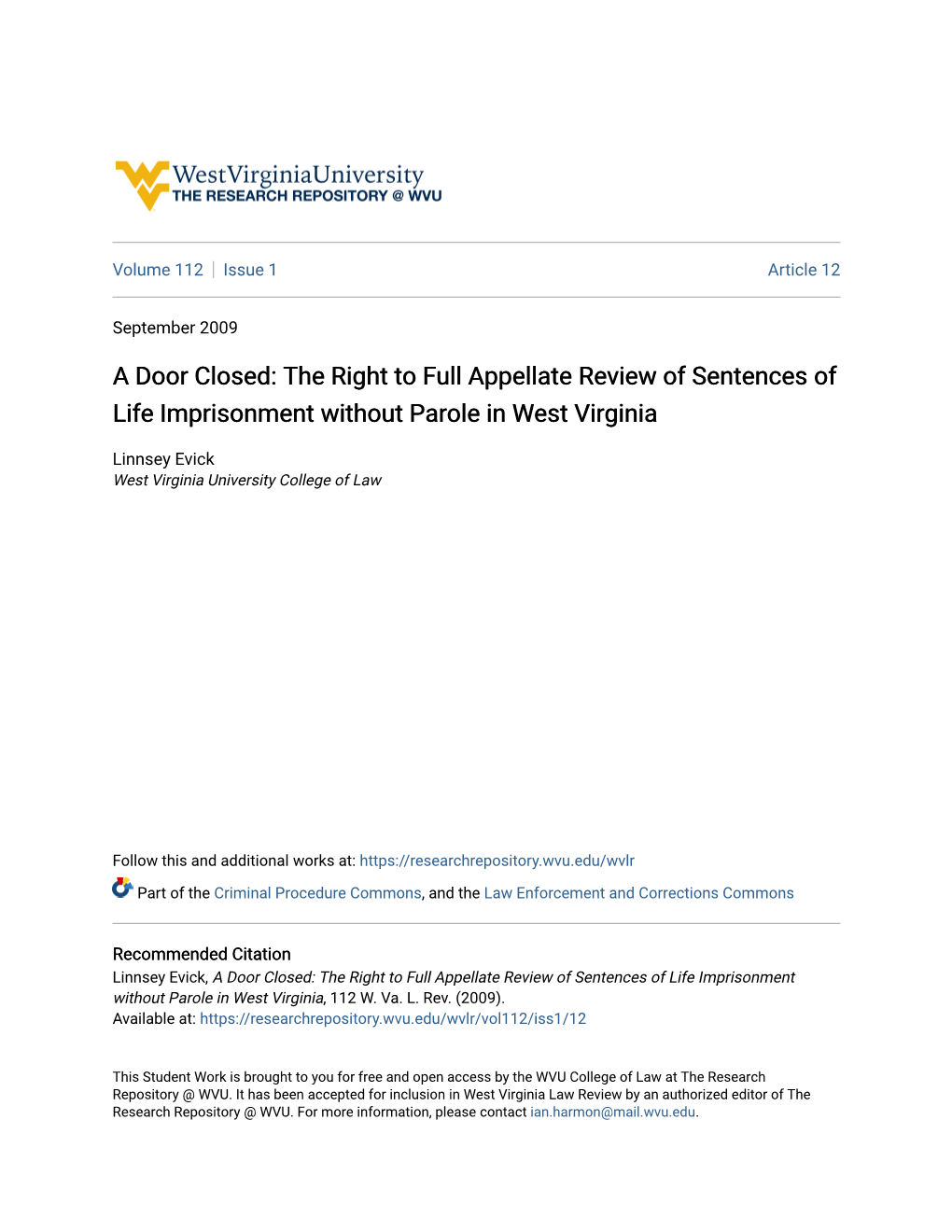 The Right to Full Appellate Review of Sentences of Life Imprisonment Without Parole in West Virginia